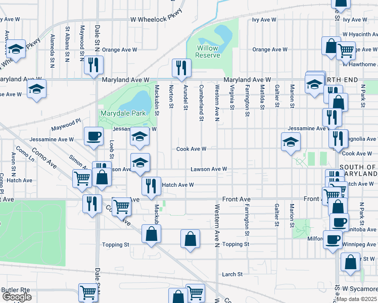 map of restaurants, bars, coffee shops, grocery stores, and more near 1056 Arundel Street in Saint Paul