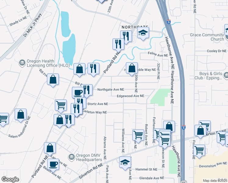 map of restaurants, bars, coffee shops, grocery stores, and more near 2420 Northgate Avenue Northeast in Salem