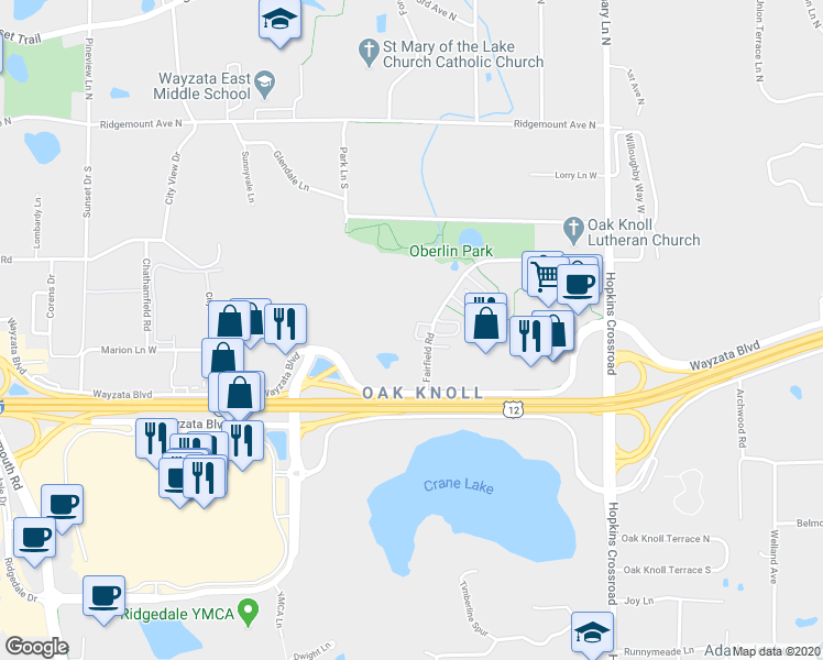 map of restaurants, bars, coffee shops, grocery stores, and more near 980 Fairfield Court in Hopkins