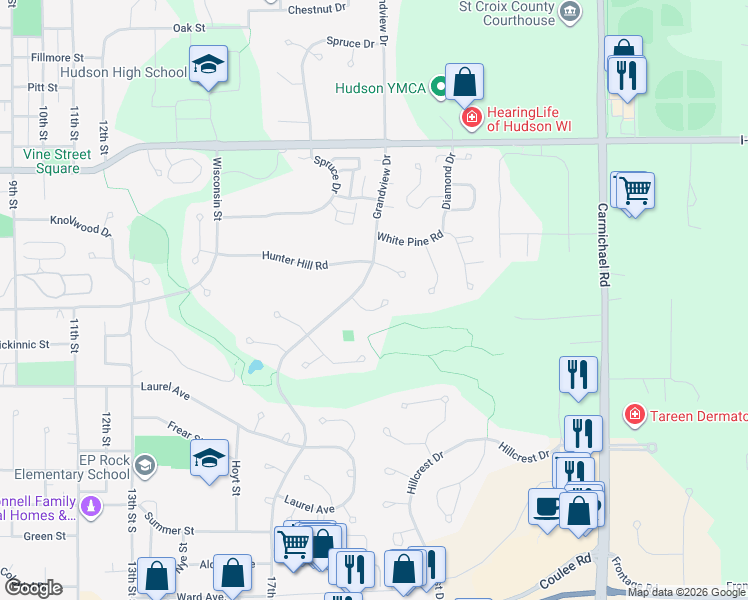 map of restaurants, bars, coffee shops, grocery stores, and more near 1909 Stonepine Avenue in Hudson