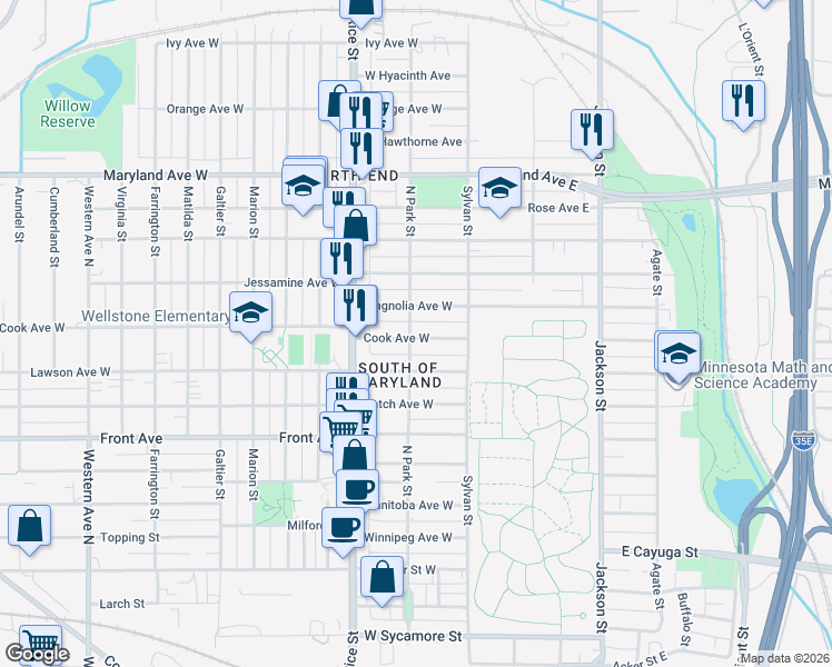 map of restaurants, bars, coffee shops, grocery stores, and more near 85 Cook Avenue West in Saint Paul