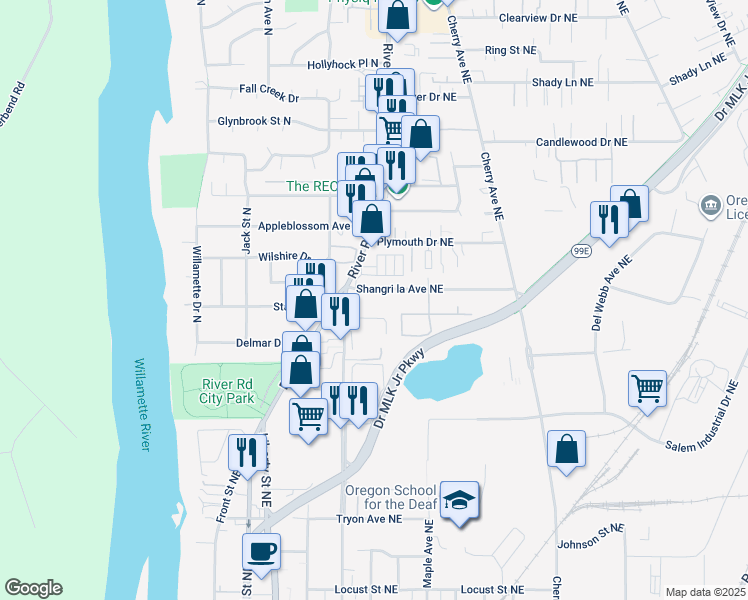 map of restaurants, bars, coffee shops, grocery stores, and more near 614 Shangri la Avenue Northeast in Salem
