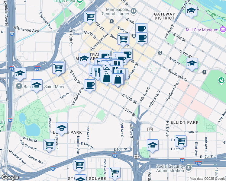 map of restaurants, bars, coffee shops, grocery stores, and more near 125 South 10th Street in Minneapolis