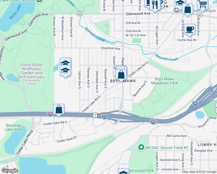 map of restaurants, bars, coffee shops, grocery stores, and more near 432 Cedar Lake Road South in Minneapolis