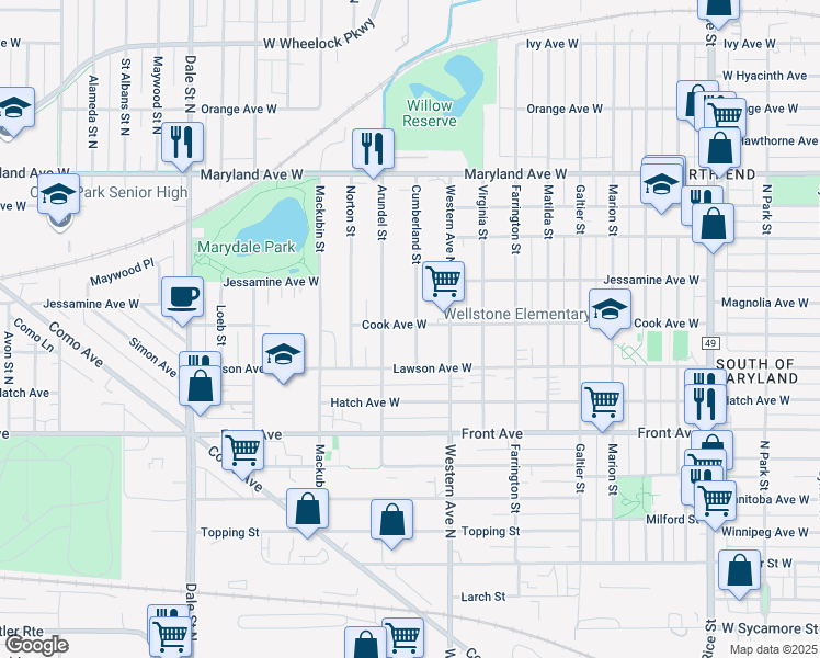 map of restaurants, bars, coffee shops, grocery stores, and more near 1054 Cumberland Street in Saint Paul
