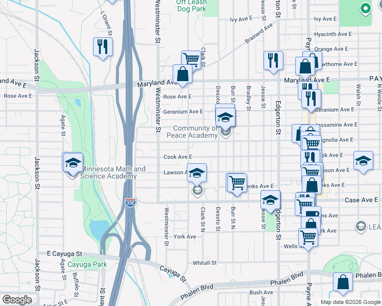 map of restaurants, bars, coffee shops, grocery stores, and more near 395 Cook Avenue in Saint Paul
