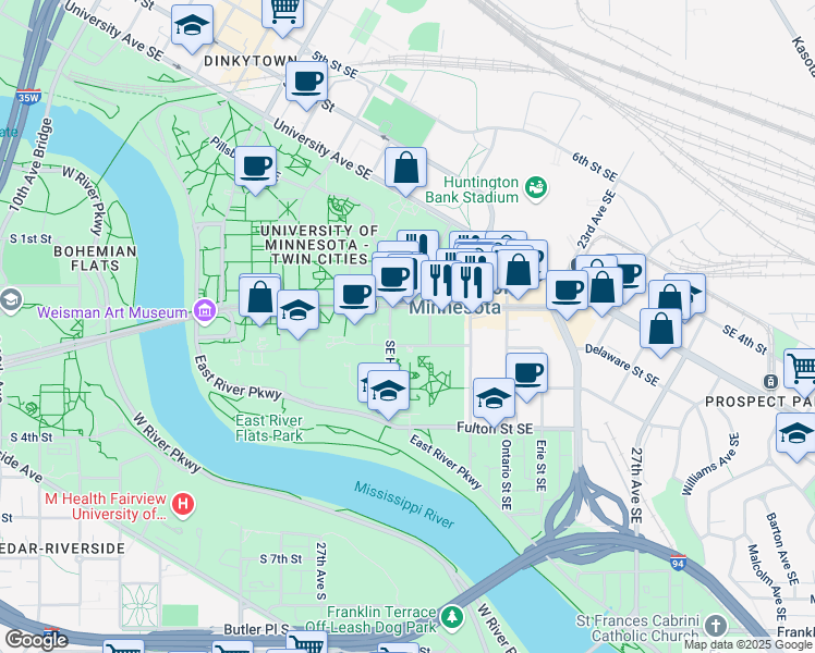 map of restaurants, bars, coffee shops, grocery stores, and more near 311 Harvard St SE in Minneapolis
