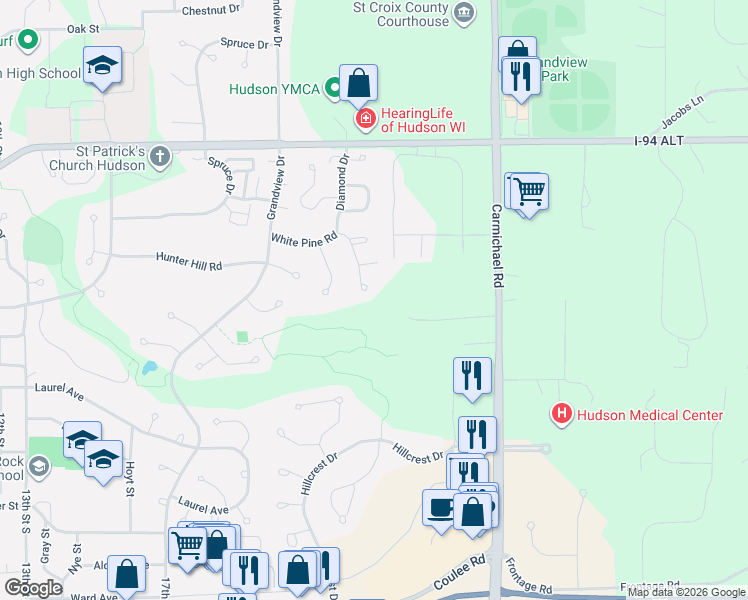 map of restaurants, bars, coffee shops, grocery stores, and more near 2235 White Pine Road in Hudson