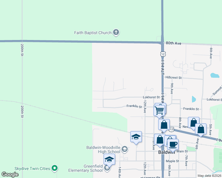 map of restaurants, bars, coffee shops, grocery stores, and more near 1449 Summit Street in Baldwin