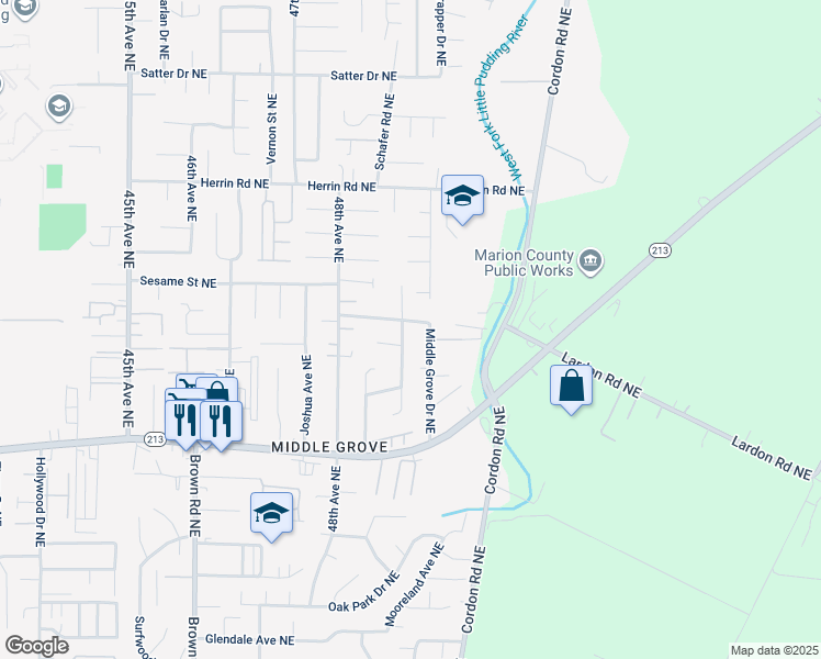 map of restaurants, bars, coffee shops, grocery stores, and more near 3798 Silverstone Drive Northeast in Salem