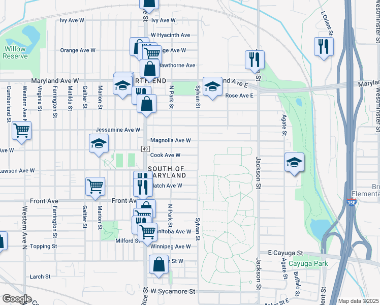 map of restaurants, bars, coffee shops, grocery stores, and more near 49 Cook Avenue West in Saint Paul