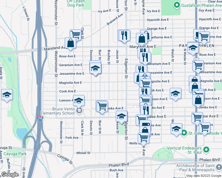 map of restaurants, bars, coffee shops, grocery stores, and more near 1054 Bradley Street in Saint Paul