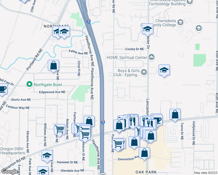 map of restaurants, bars, coffee shops, grocery stores, and more near 3713 Fisher Road Northeast in Salem