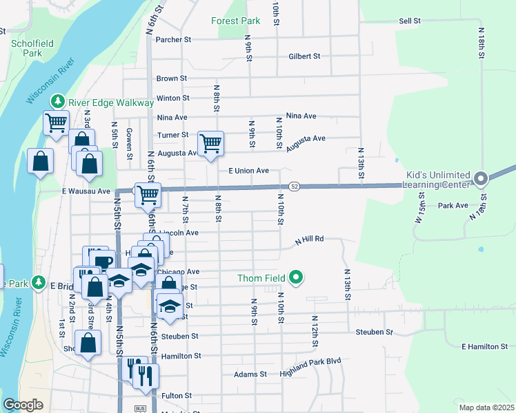 map of restaurants, bars, coffee shops, grocery stores, and more near 830 Park Avenue in Wausau