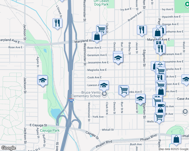 map of restaurants, bars, coffee shops, grocery stores, and more near 395 Cook Avenue in Saint Paul