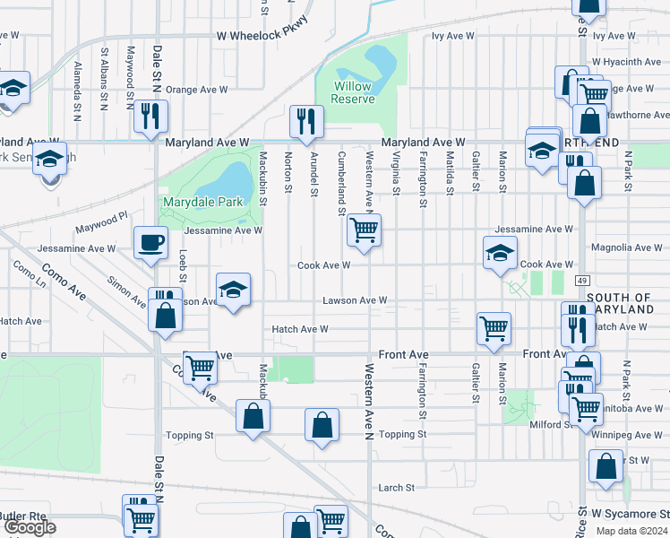 map of restaurants, bars, coffee shops, grocery stores, and more near 1056 Arundel Street in Saint Paul