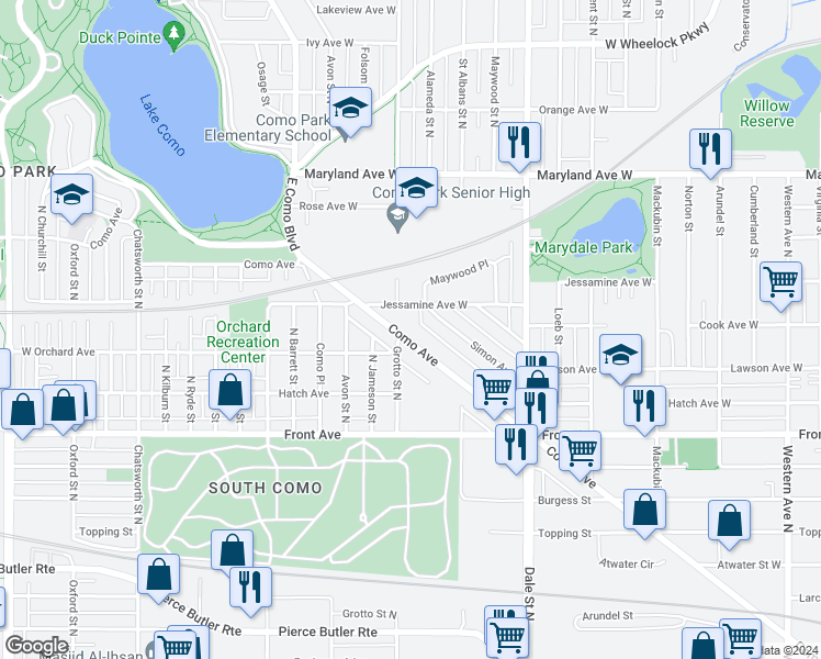 map of restaurants, bars, coffee shops, grocery stores, and more near 749 Como Avenue in Saint Paul