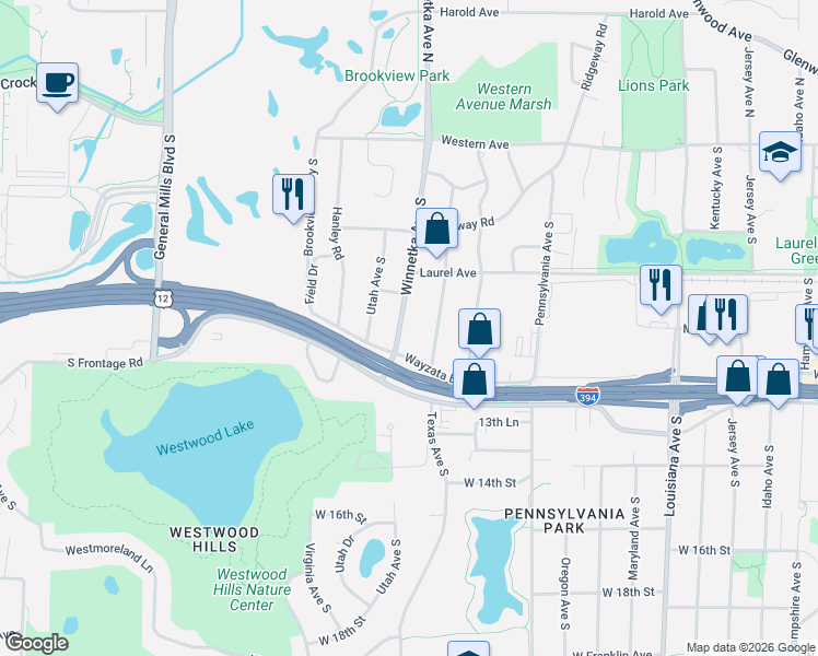 map of restaurants, bars, coffee shops, grocery stores, and more near 845 Winnetka Avenue South in Golden Valley