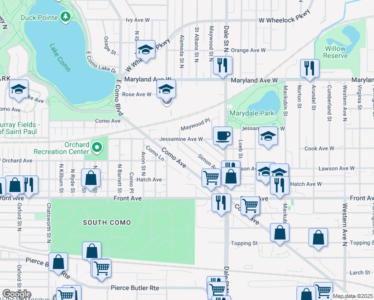 map of restaurants, bars, coffee shops, grocery stores, and more near 744 Simon Avenue in Saint Paul