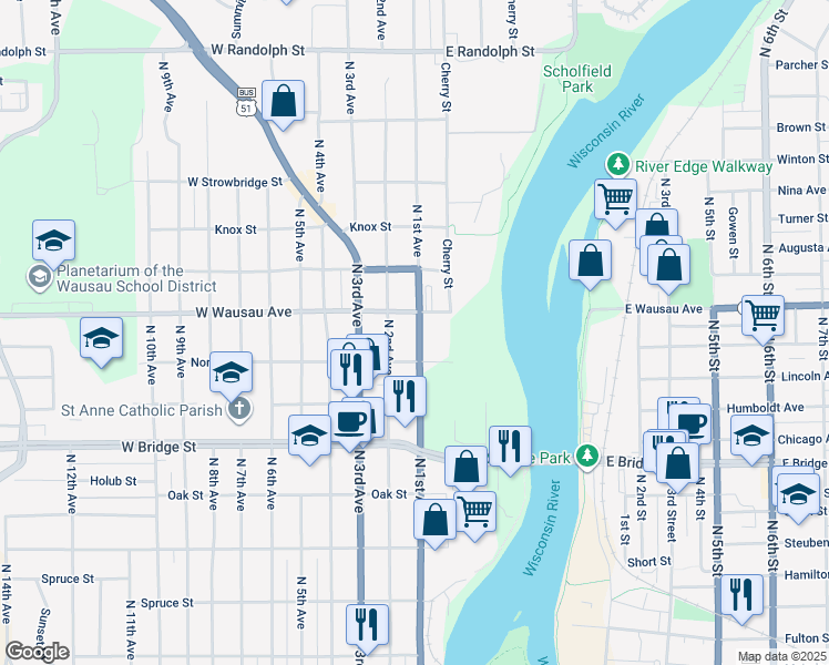 map of restaurants, bars, coffee shops, grocery stores, and more near 816 North 1st Avenue in Wausau