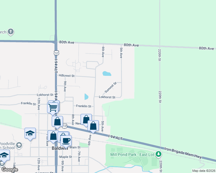map of restaurants, bars, coffee shops, grocery stores, and more near 555 Summit Street in Baldwin