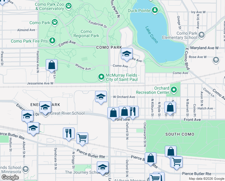 map of restaurants, bars, coffee shops, grocery stores, and more near 1065 North Churchill Street in Saint Paul