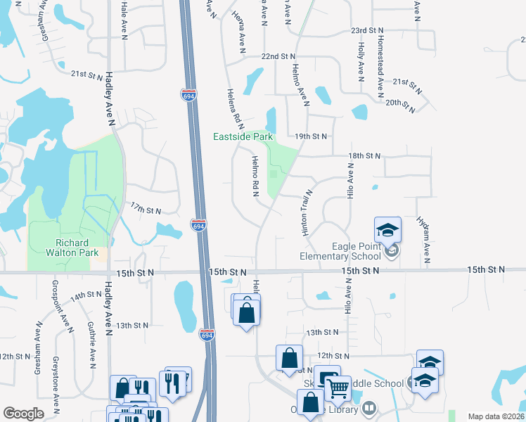 map of restaurants, bars, coffee shops, grocery stores, and more near 1642 Helmo Road North in Oakdale