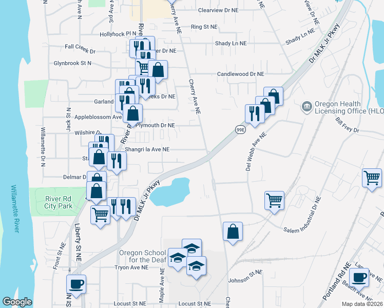 map of restaurants, bars, coffee shops, grocery stores, and more near 942 Shangri la Avenue Northeast in Salem