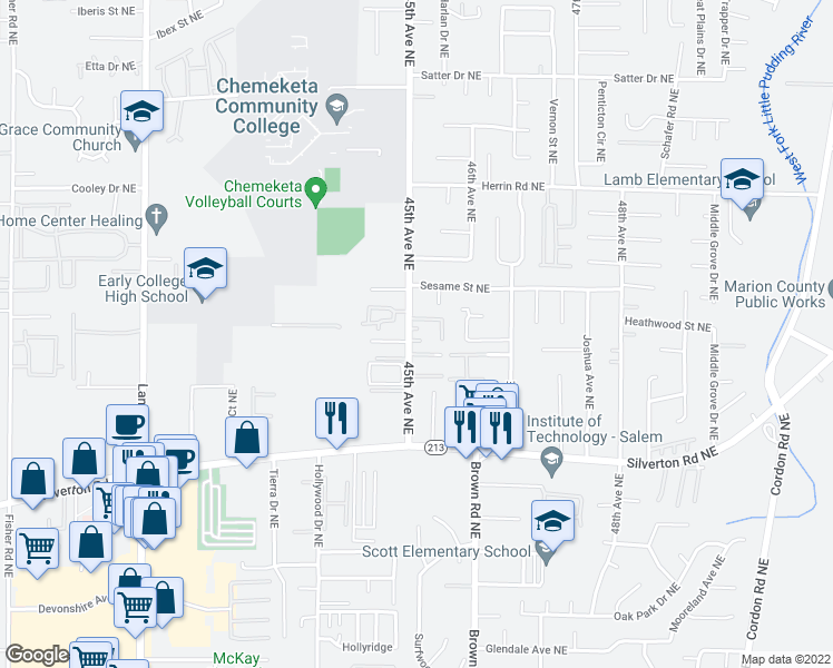 map of restaurants, bars, coffee shops, grocery stores, and more near 4505 Marionberry Way Northeast in Salem