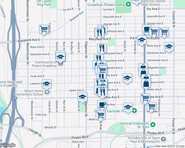 map of restaurants, bars, coffee shops, grocery stores, and more near 603 Cook Avenue in Saint Paul