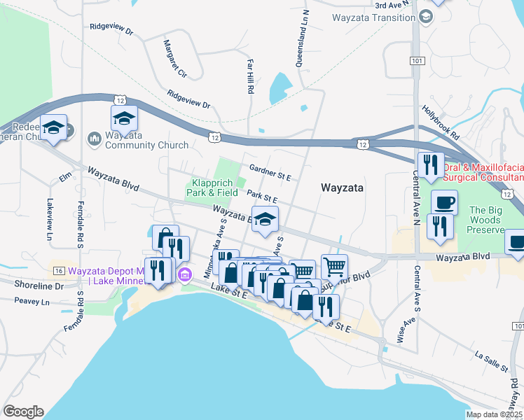 map of restaurants, bars, coffee shops, grocery stores, and more near 120 Walker Avenue North in Wayzata