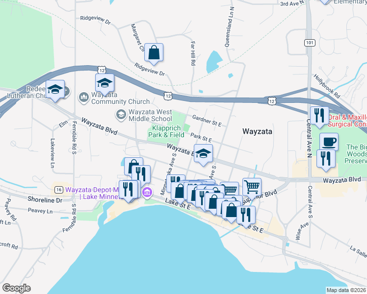 map of restaurants, bars, coffee shops, grocery stores, and more near 517 Wayzata Boulevard in Wayzata