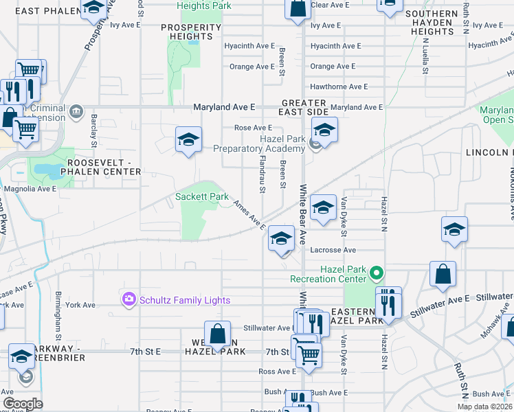 map of restaurants, bars, coffee shops, grocery stores, and more near 1695 Ames Avenue East in Saint Paul