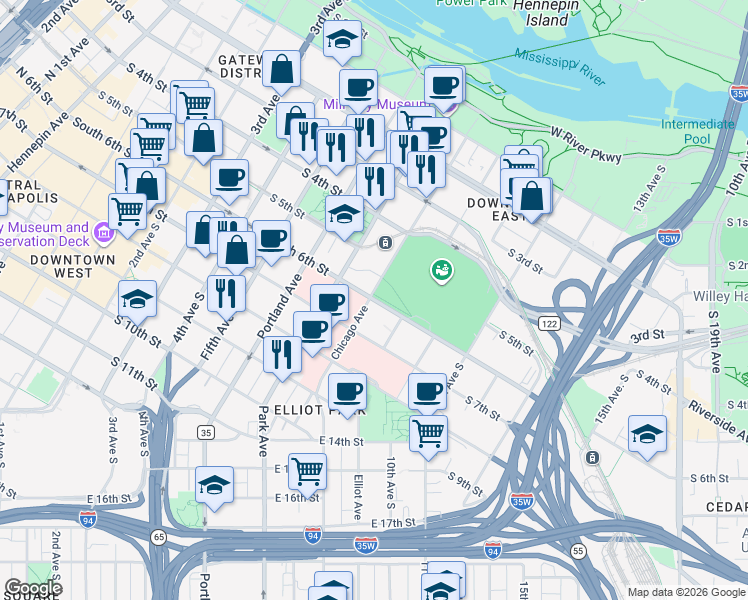 map of restaurants, bars, coffee shops, grocery stores, and more near 810 South 6th Street in Minneapolis