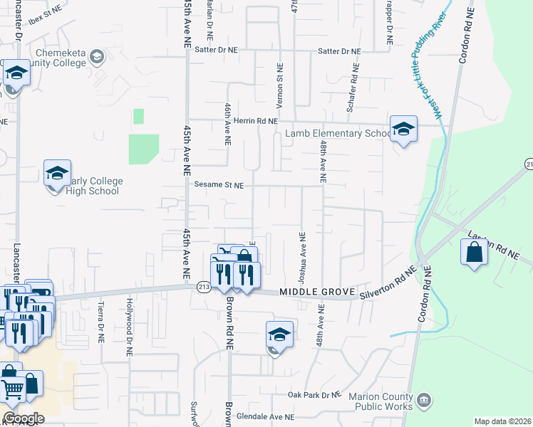 map of restaurants, bars, coffee shops, grocery stores, and more near 3755 Lynette Ct NE in Salem