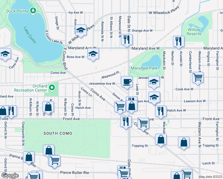 map of restaurants, bars, coffee shops, grocery stores, and more near 727 Simon Avenue in Saint Paul