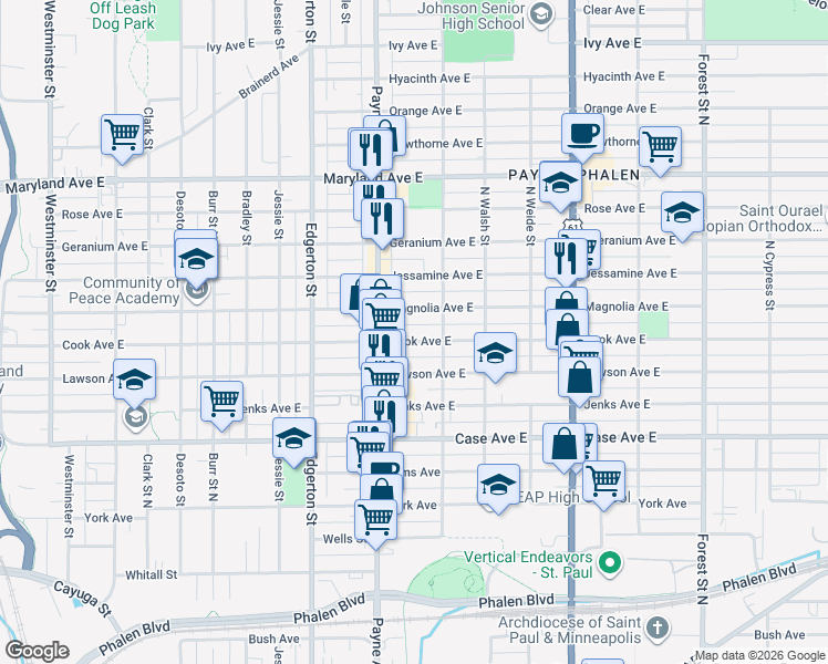 map of restaurants, bars, coffee shops, grocery stores, and more near 671 Cook Avenue in Saint Paul