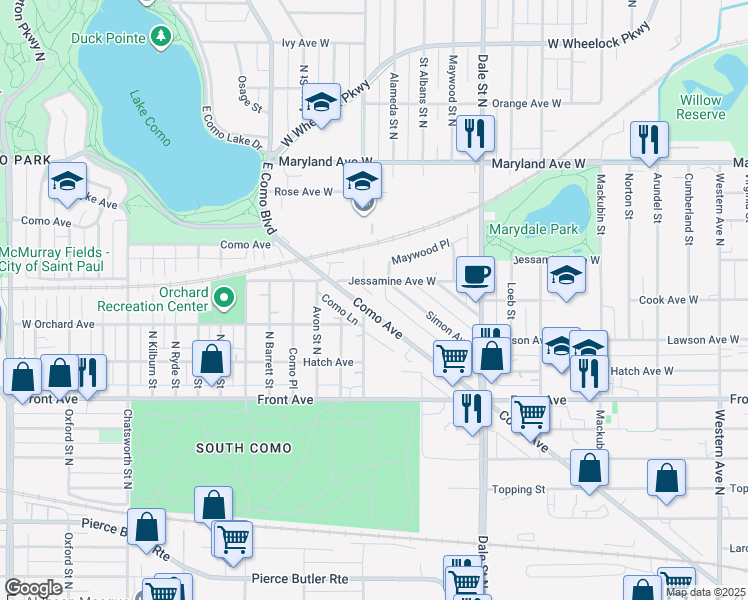 map of restaurants, bars, coffee shops, grocery stores, and more near 749 Como Avenue in Saint Paul