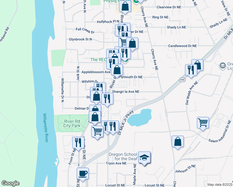 map of restaurants, bars, coffee shops, grocery stores, and more near 622 Shangri la Avenue Northeast in Salem