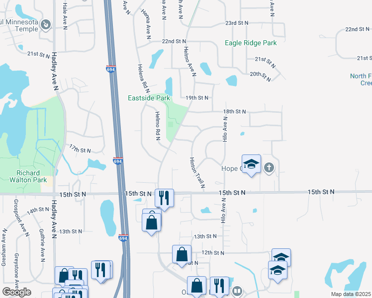 map of restaurants, bars, coffee shops, grocery stores, and more near 7537 16th Street Court in Oakdale