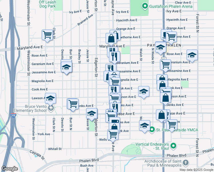 map of restaurants, bars, coffee shops, grocery stores, and more near 603 Cook Avenue in Saint Paul