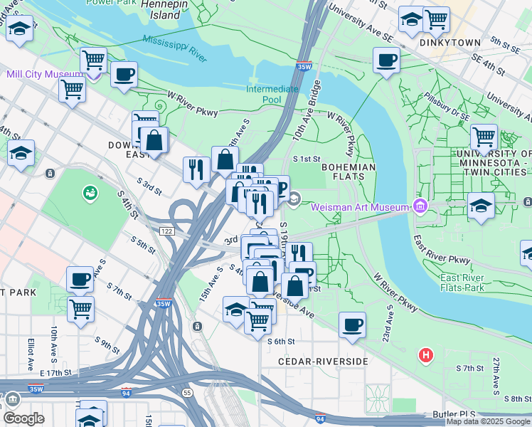 map of restaurants, bars, coffee shops, grocery stores, and more near 1423 South Washington Avenue in Minneapolis