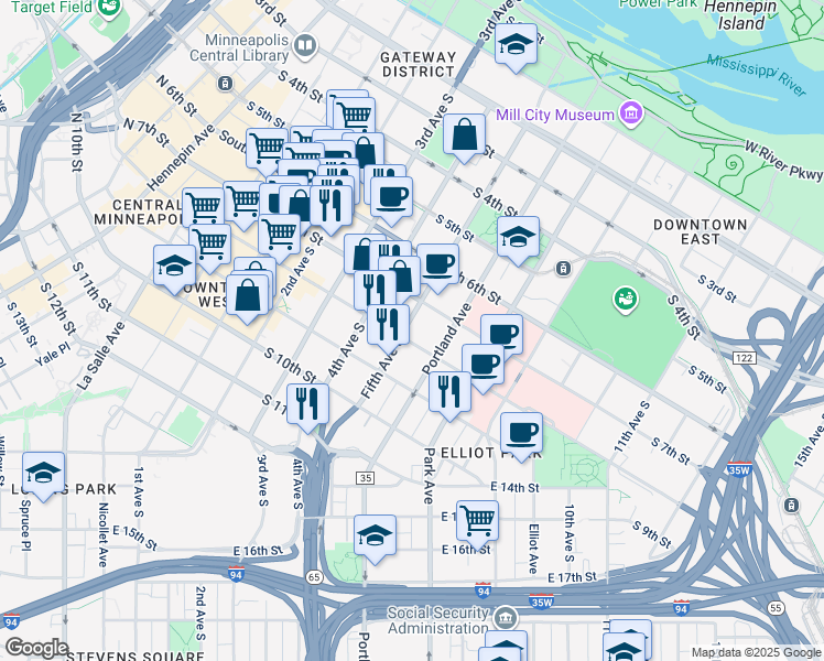 map of restaurants, bars, coffee shops, grocery stores, and more near 510 South 8th Street in Minneapolis