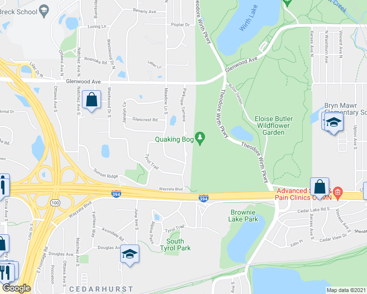 map of restaurants, bars, coffee shops, grocery stores, and more near 700 Parkview Terrace in Minneapolis