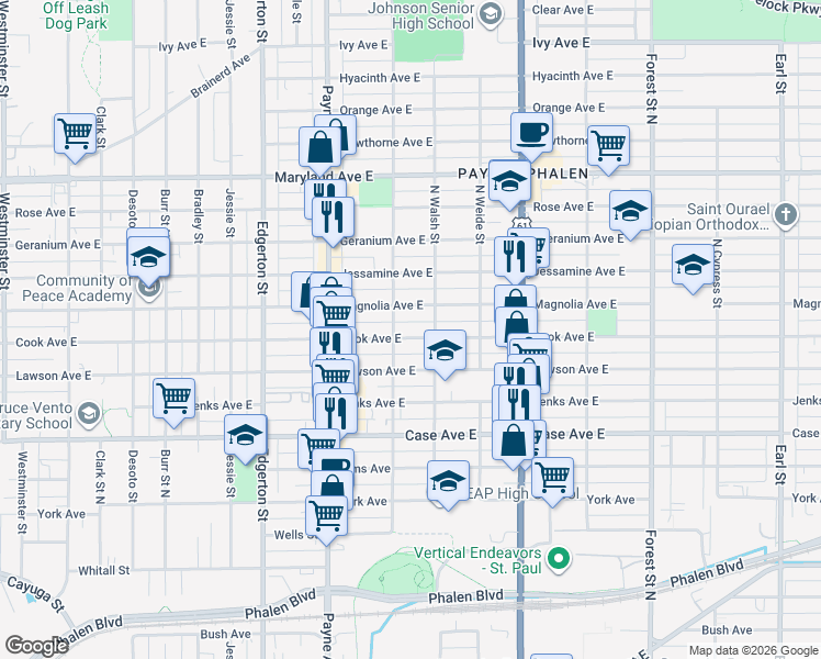 map of restaurants, bars, coffee shops, grocery stores, and more near 715 Cook Avenue in Saint Paul
