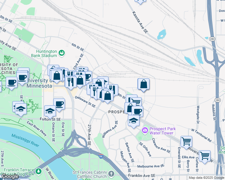 map of restaurants, bars, coffee shops, grocery stores, and more near 2727 4th Street Southeast in Minneapolis