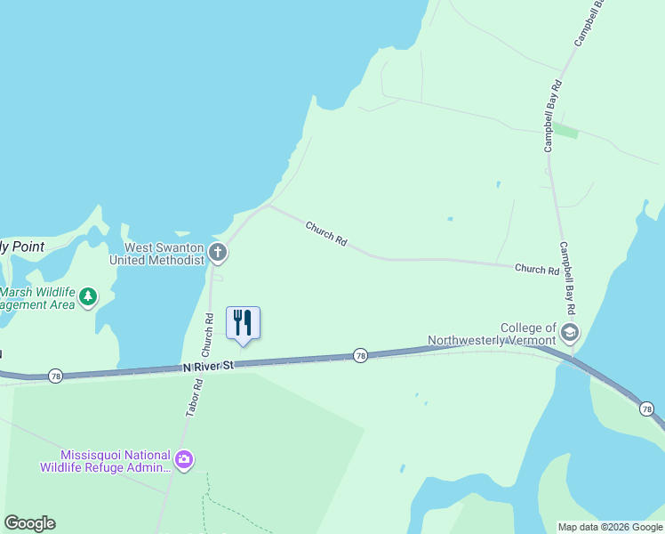 map of restaurants, bars, coffee shops, grocery stores, and more near 72 Church Road in Swanton