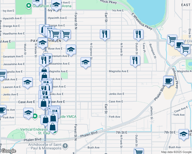 map of restaurants, bars, coffee shops, grocery stores, and more near 1032 Cook Avenue in Saint Paul