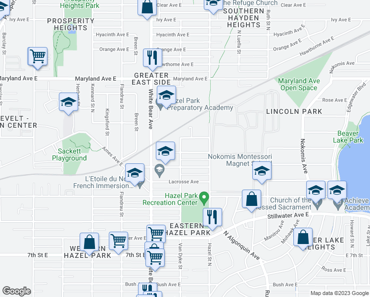 map of restaurants, bars, coffee shops, grocery stores, and more near 1849 Mechanic Avenue in Saint Paul