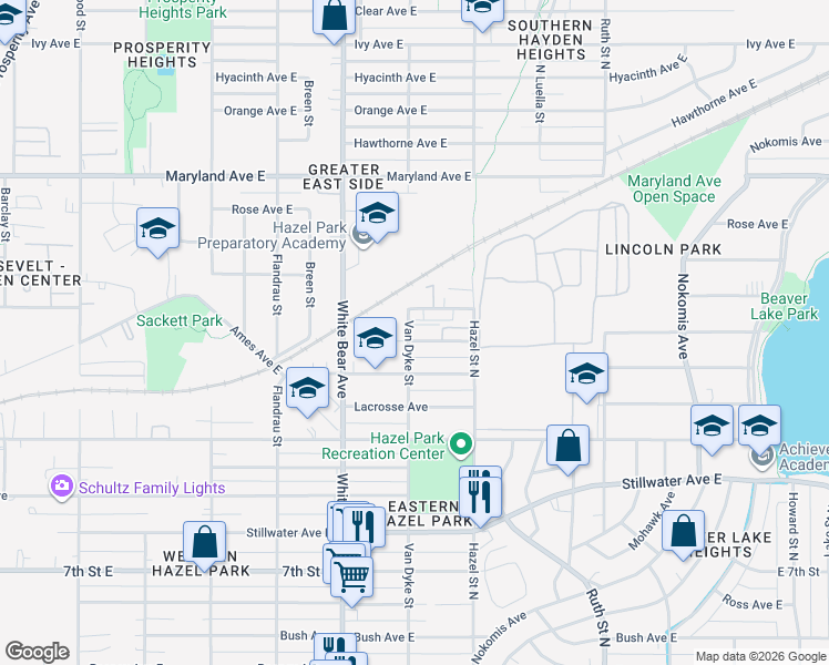 map of restaurants, bars, coffee shops, grocery stores, and more near 1840 East Mechanic Avenue in Saint Paul